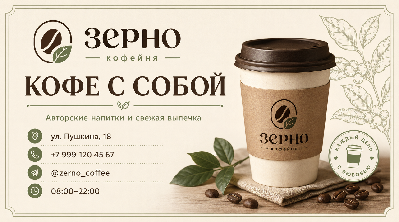 Визитка кофейни Зерно